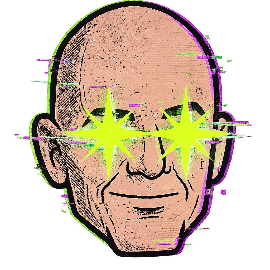 O Careca — mascote do QUEM LEVA?, cabeça carecuda com olhos de estrela verde neon